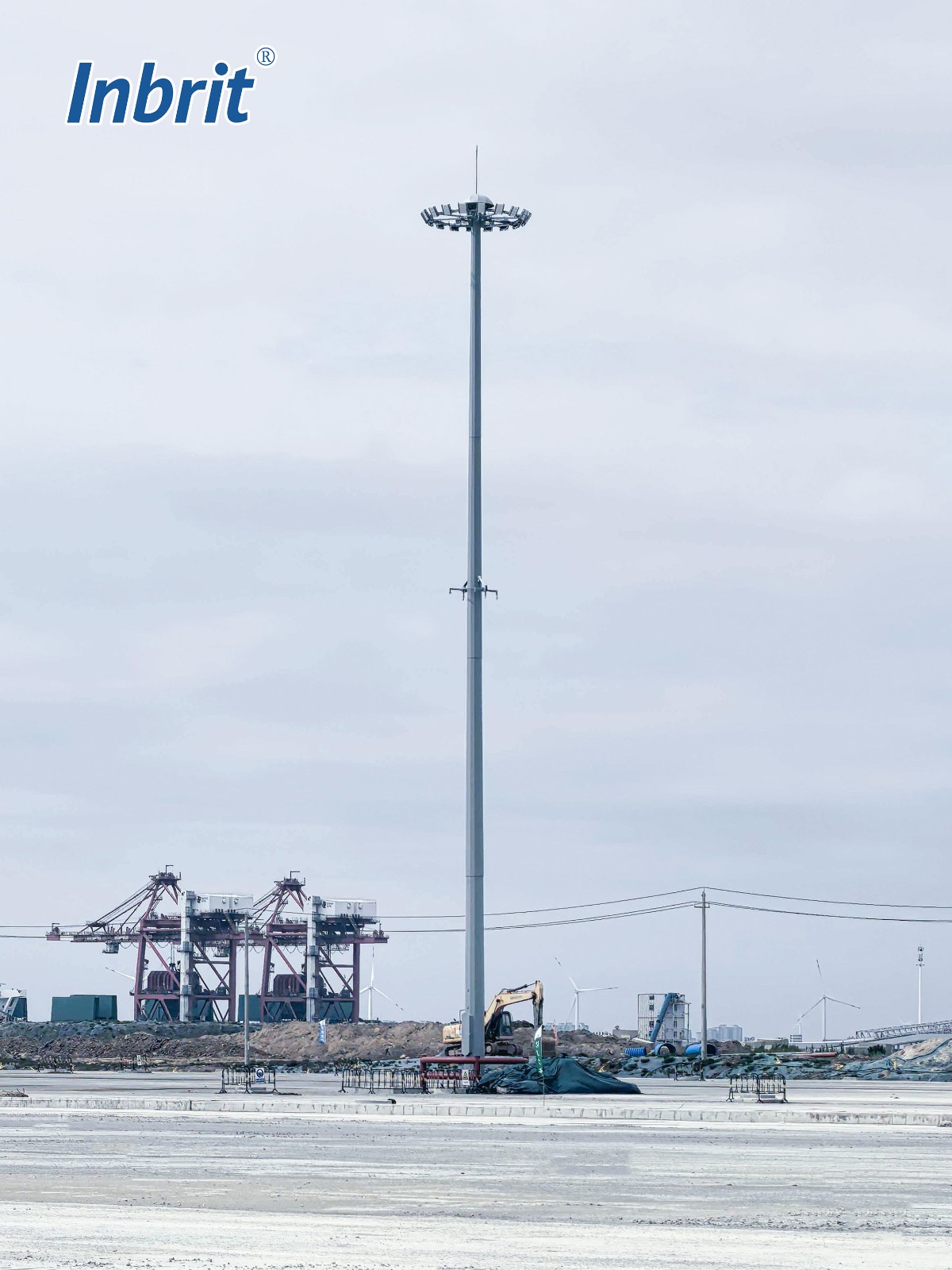 Installed 35m Inbrit high mast light pole with circular LED headframe Installed 35m Inbrit high mast light pole with circular LED headframe